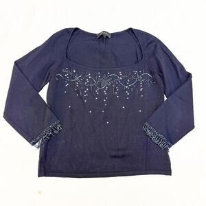 Escada Black Embellished Sequin Design 3/4 Sleeve Top Rayon/Cotton Size 38 MINT